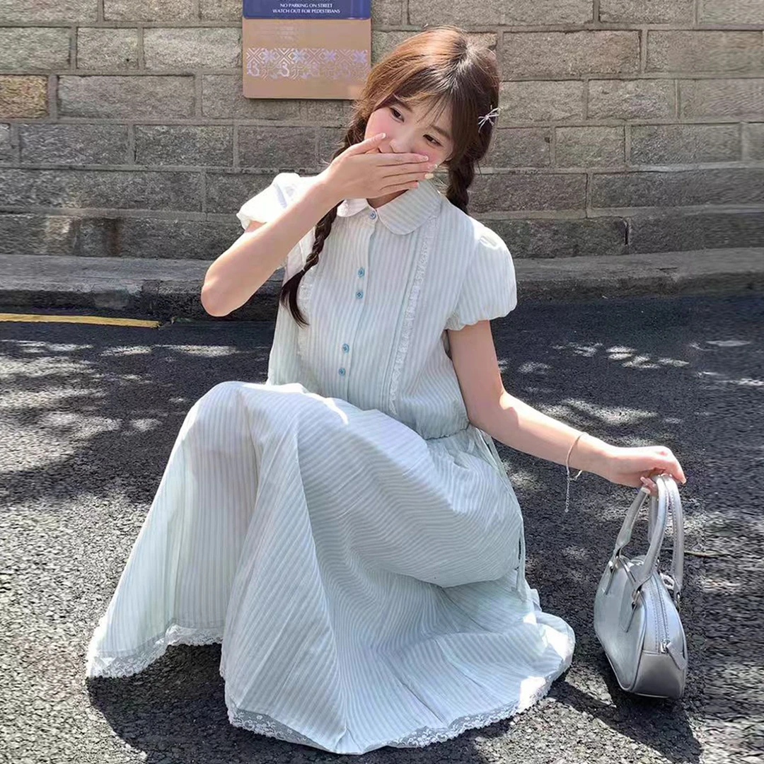 甜美蓝色条纹连衣裙子女夏季2025新款学院风穿搭套装绝美长裙4406