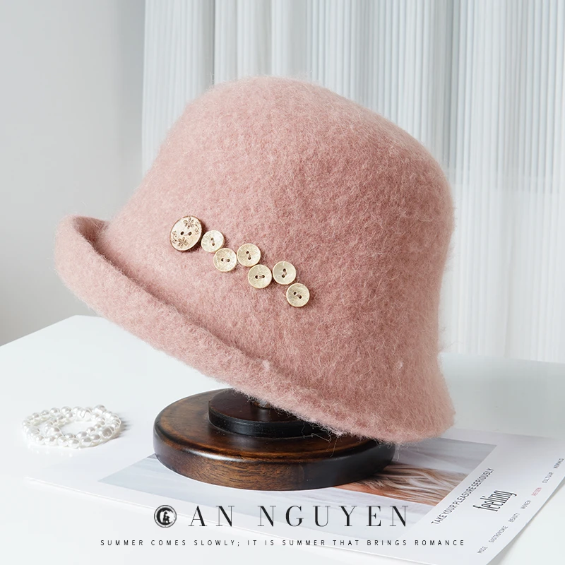 WY冬季新款驼绒简约百搭显脸小盆帽法式复古渔夫帽