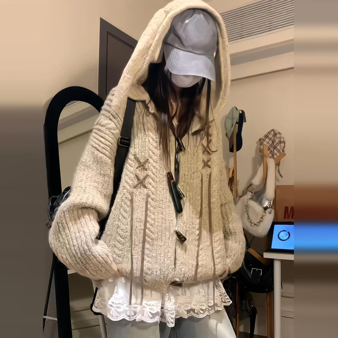 美式复古兔耳朵牛角扣连帽毛衣女秋冬2025新款慵懒风针织开衫外套