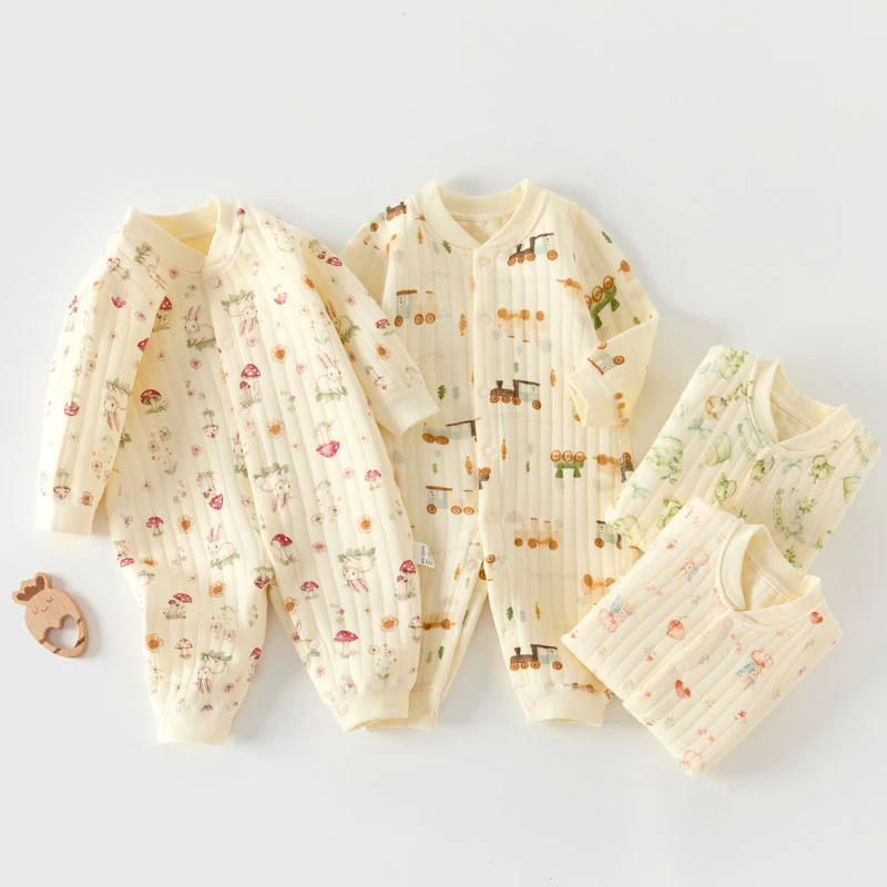 【专柜】无骨秋冬婴儿连体保暖三层空气棉新生儿哈衣爬服中厚开衫