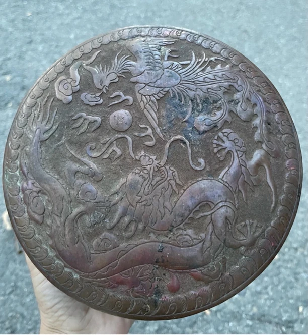 龙凤铜捧盒，完整漂亮少见！
