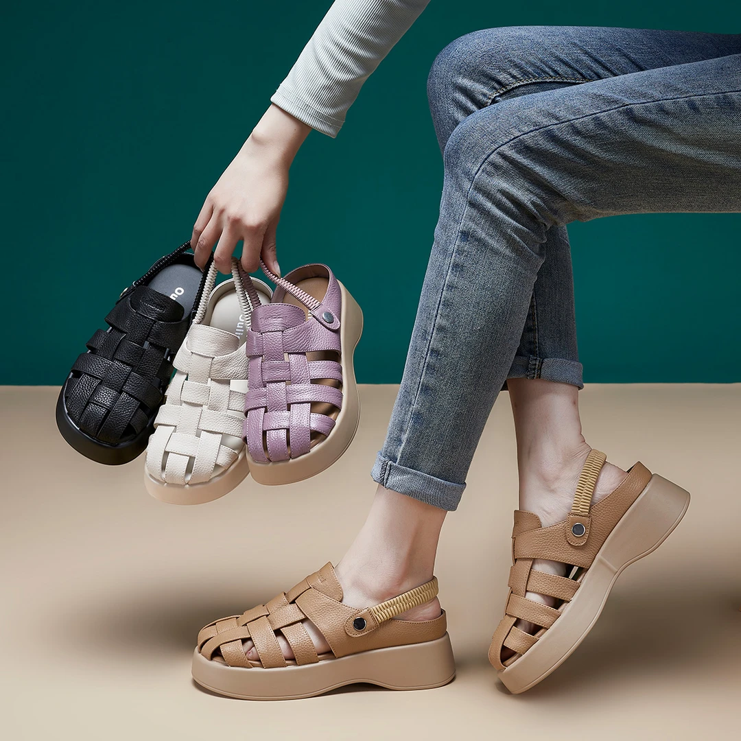 [画楼西畔]370头层牛皮凉鞋女2025手工编制复古厚底罗马风女鞋子