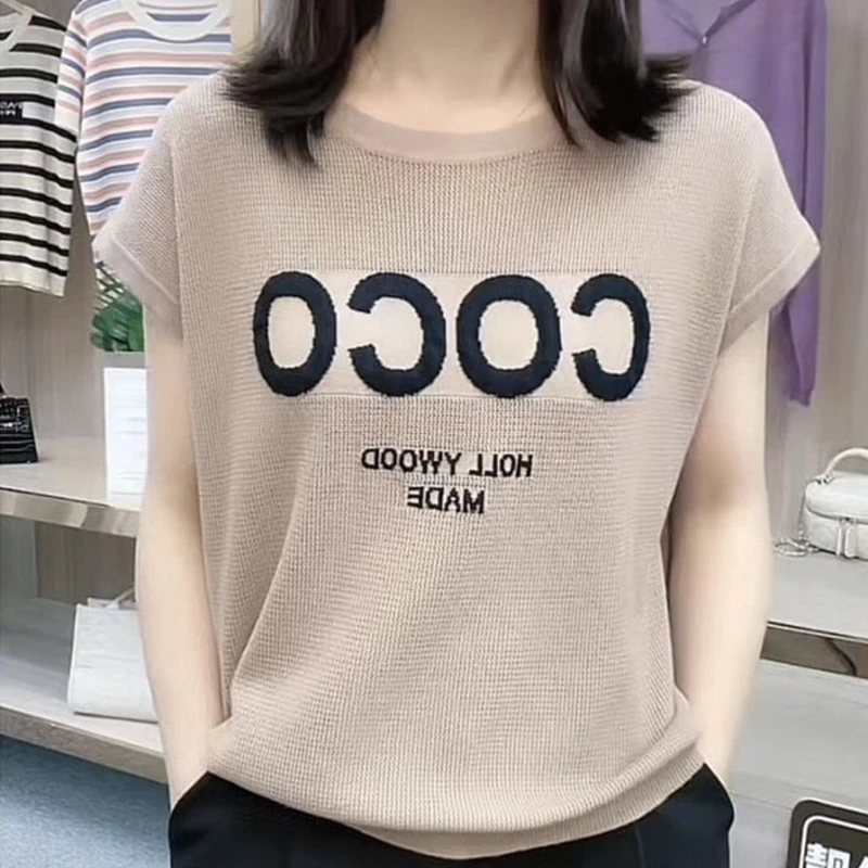 大码女装微胖女生T恤夏季新款圆领品质冰丝短袖针织小衫通勤上衣