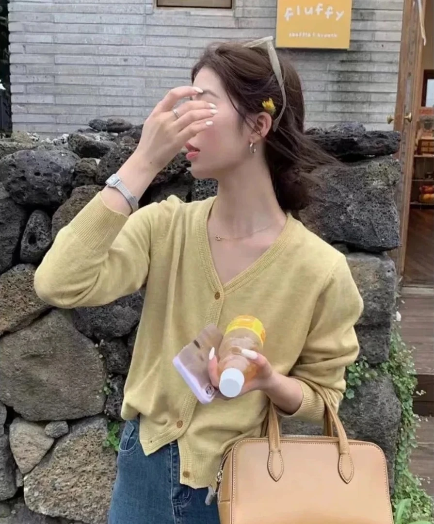 【秋香黄V领开衫】巨好看！韩标短款V领长袖针织开衫