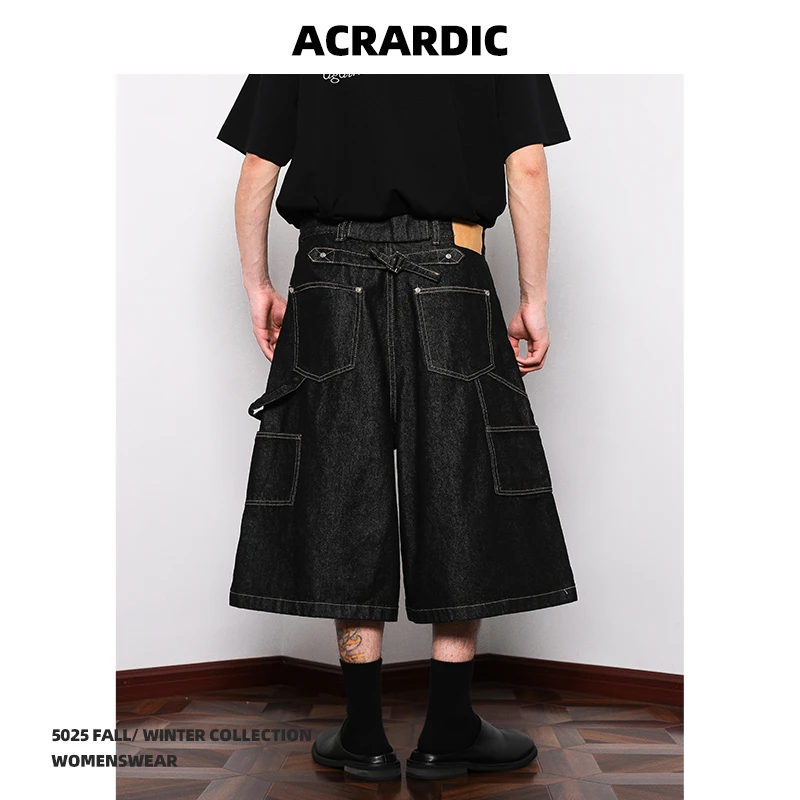 ACRARDIC高街丹宁黑七分牛仔裤男美式cleanfit排扣设计阔腿短裤子