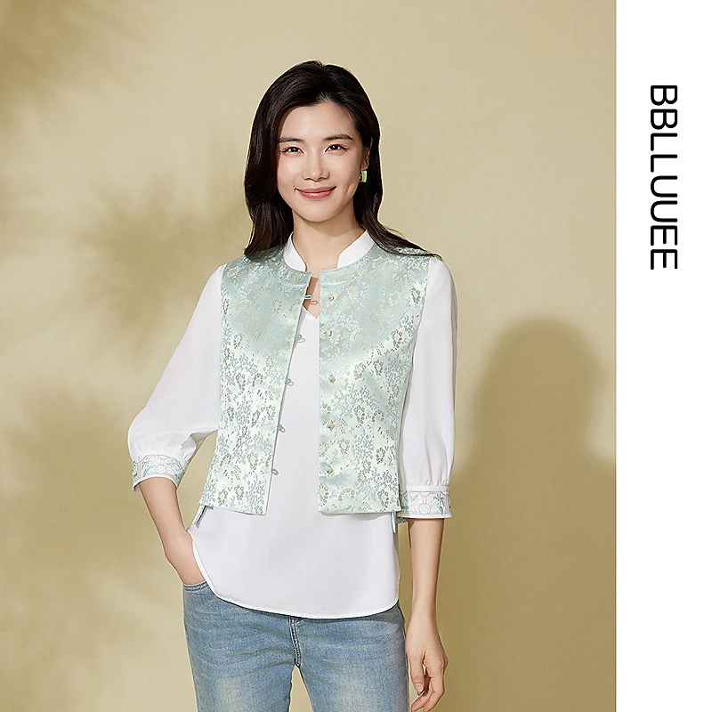 【暗香盈绣】粉蓝衣橱2025春装新款中式国风缎面提花马甲短外套女