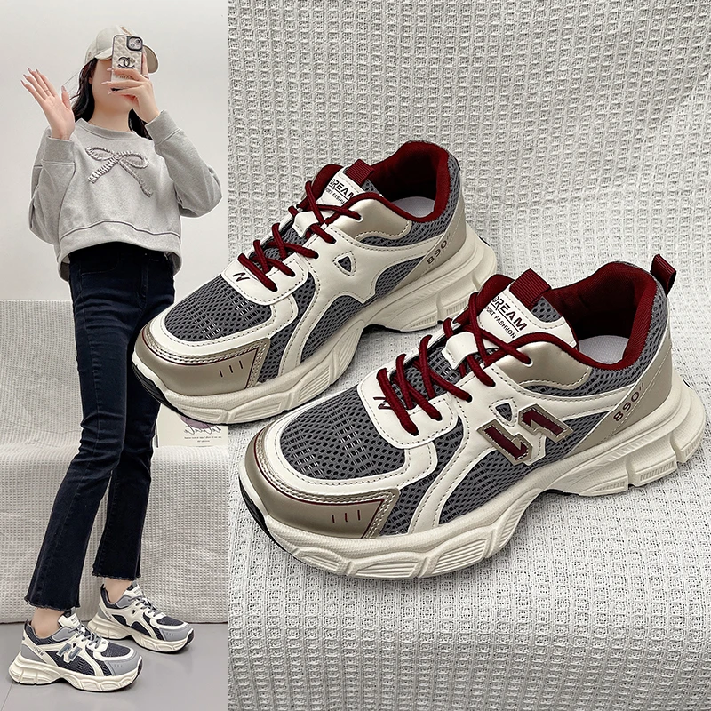 老爹鞋女款2025春夏秋季新款5CM百搭厚底鞋子休闲网面运动鞋女鞋