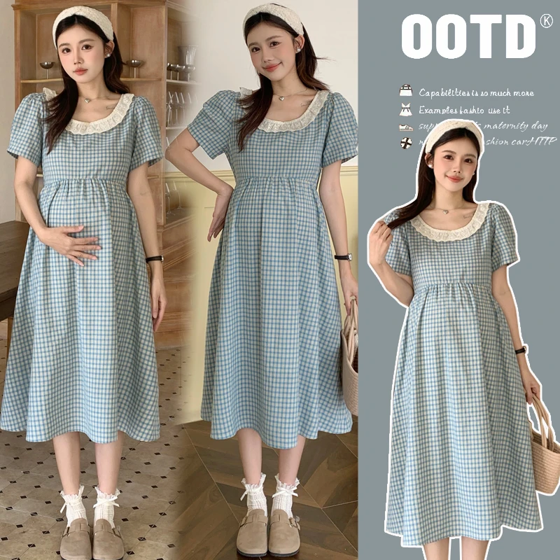 复古短袖甜美减龄花边格纹时尚优雅孕妇连衣裙夏装遮肚辣妈气质