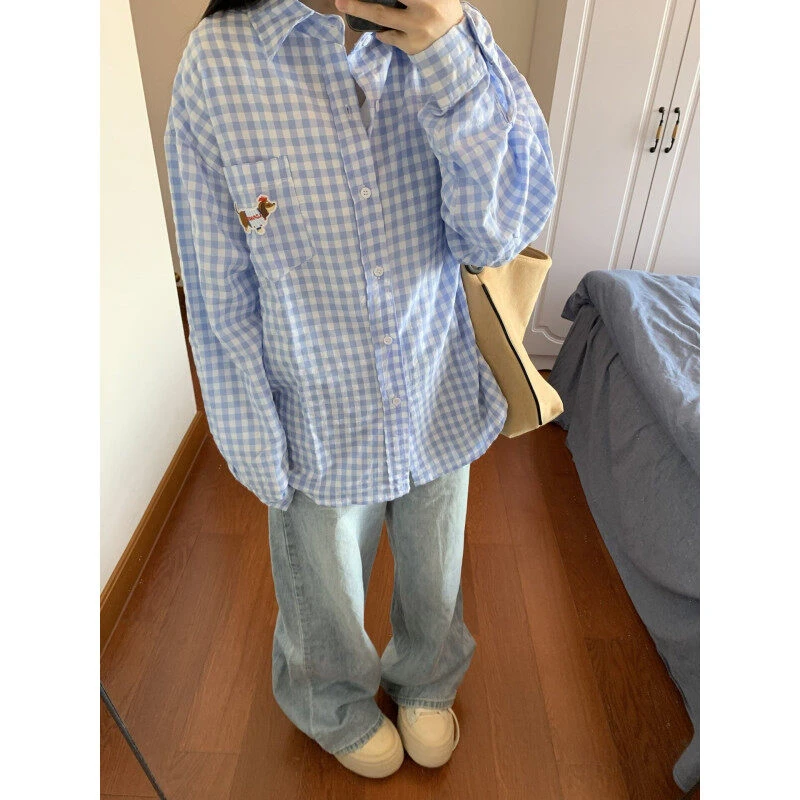 潮牌腊肠狗格子衬衫男长袖2025春季情侣款寸衣宽松衬衣女