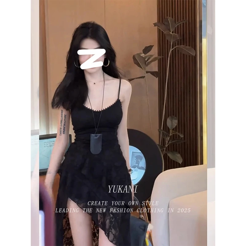 辣妹气质黑色收腰不规则无袖长裙女夏季小个子蕾丝拼接吊带连衣裙