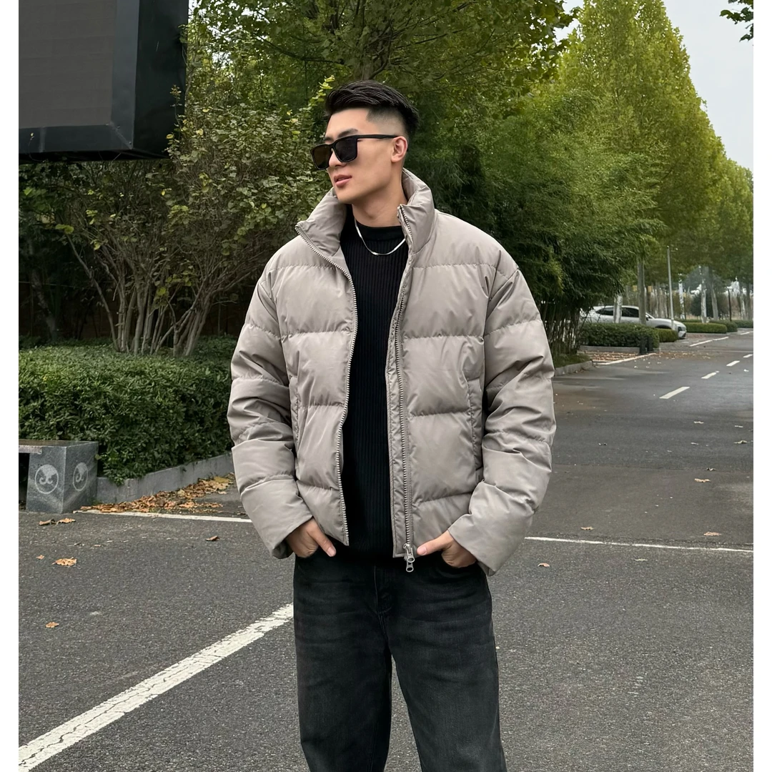 LINYU美式立领保暖90白鸭绒纯色百搭格纹宽松羽绒服休闲冬季