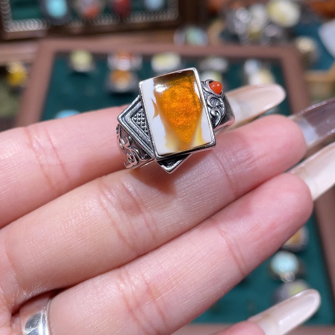 琥珀银S925镶嵌戒指