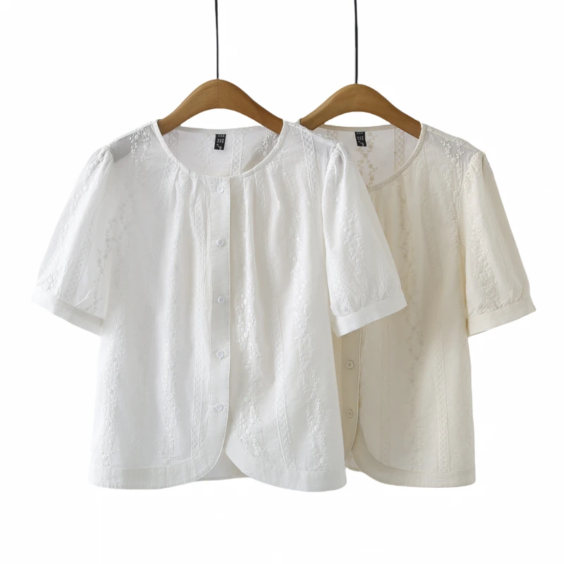 大码女装胖mm法式衬衫女夏短袖薄款小衫显瘦宽松气质刺绣短款上衣