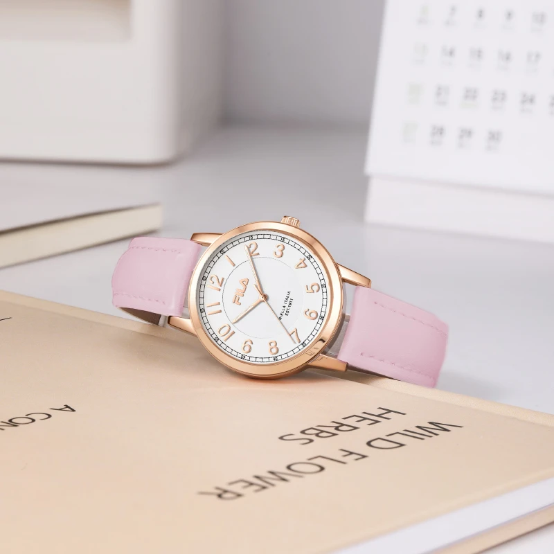 FILA斐乐手表男女同款数字指针真皮表带静音走时考试考研简约腕表