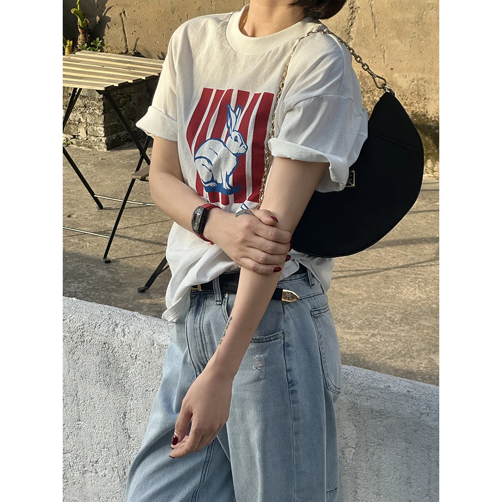 SHIIEELL短袖T恤女夏季新款宽松印花字母兔子休闲洋气短袖