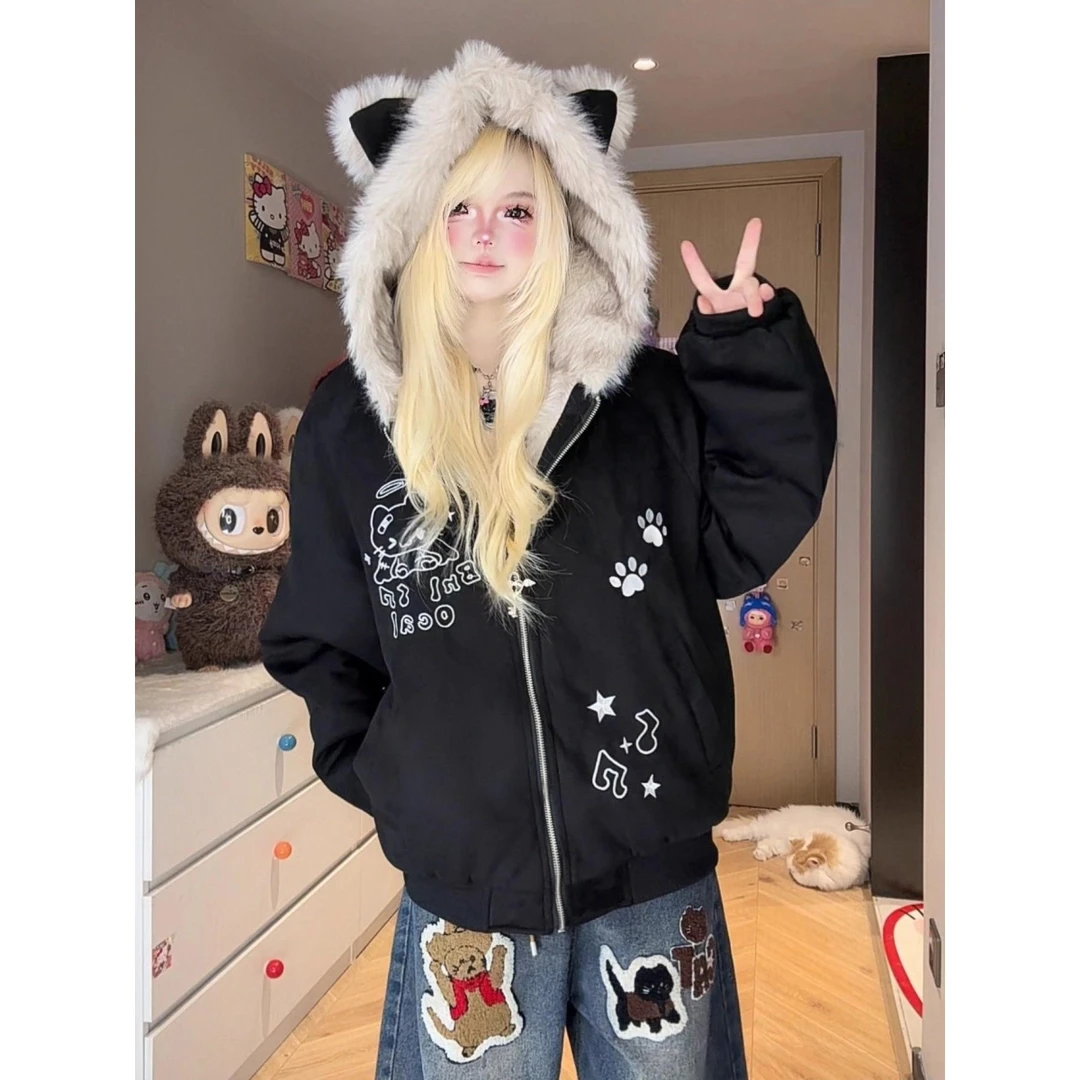 冬季新款设计感毛领夹棉座山雕猫耳朵外套女休闲保暖加厚棉衣上衣