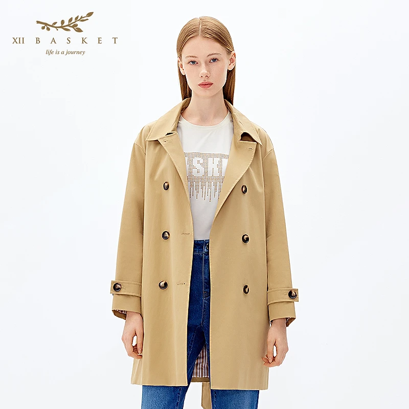 十二篮专选25春新款高支纯棉英伦风双排扣系带女风衣7C65110030