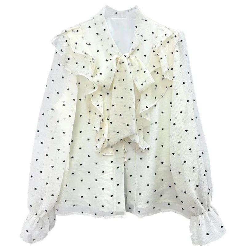 2025新款法式高级感荷叶边波点衬衫女春季设计感绑带宽松别致上衣
