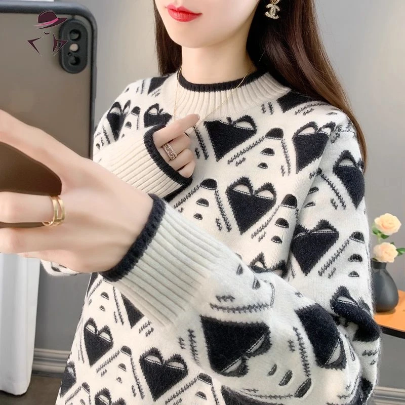 异径半高领2024秋冬加厚新款冬季洋气内搭女士宽松打底衫毛衣女装