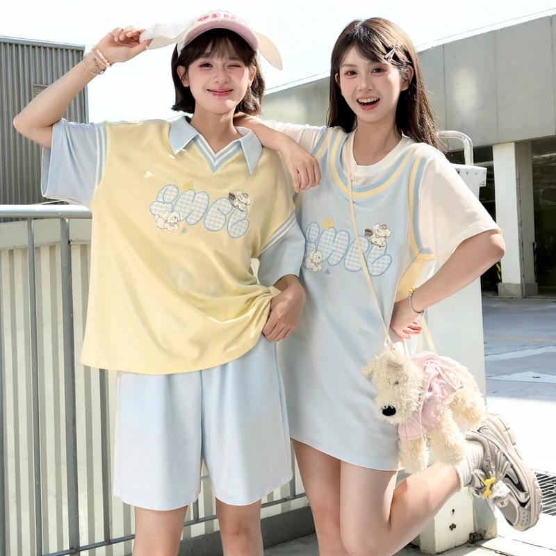 森女部落宽松t恤女2025新款休闲可爱小狗绣花v领夏季上衣拼色短袖