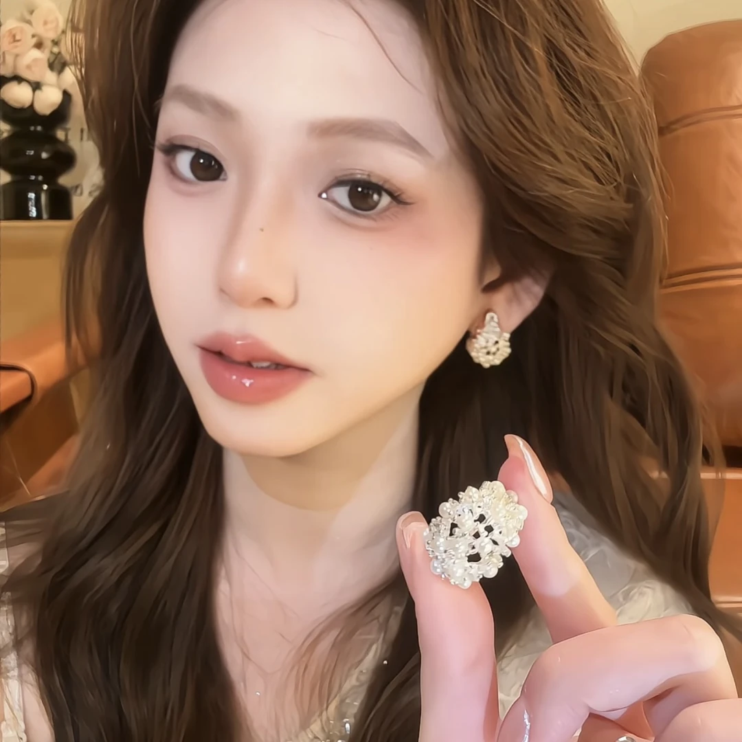 铜合金耳饰 银质珍珠簇耳扣 环形编织珍珠耳环新款耳饰