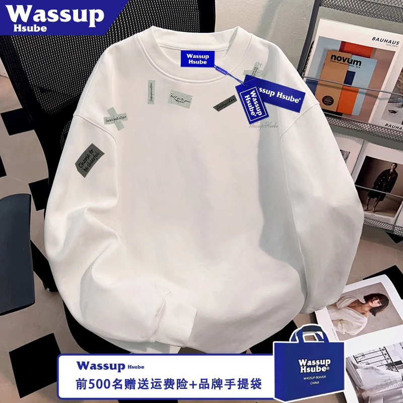WASSUP HSUBE胶带英文印花T恤秋季白色上衣ins国潮男女款纯棉长袖