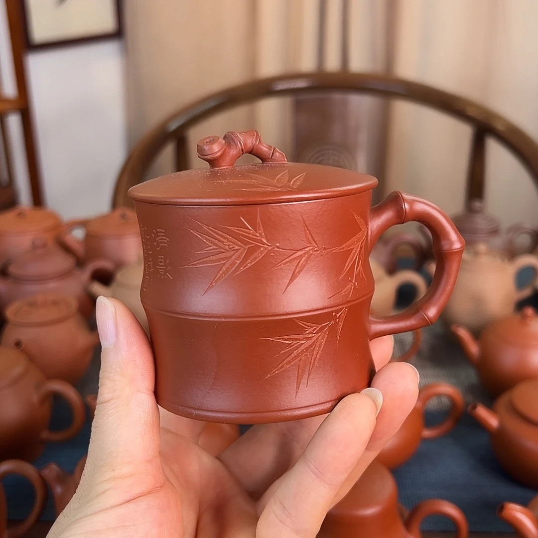 茶壶紫砂精品原矿 竹节盖杯 朱泥 200cc