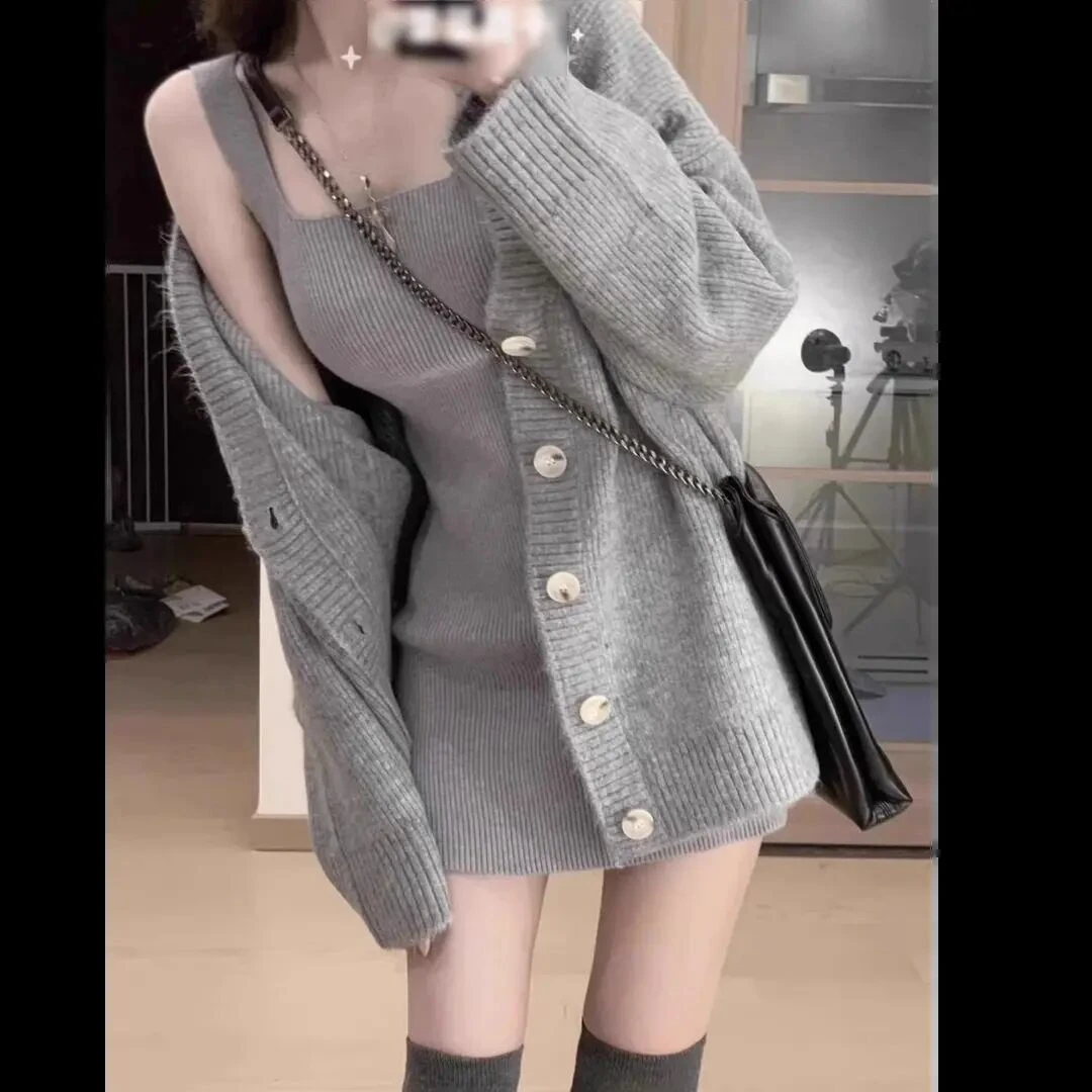 气质高级感韩版针织吊带裙女秋冬款纯欲高冷御姐风包臀连衣裙套装