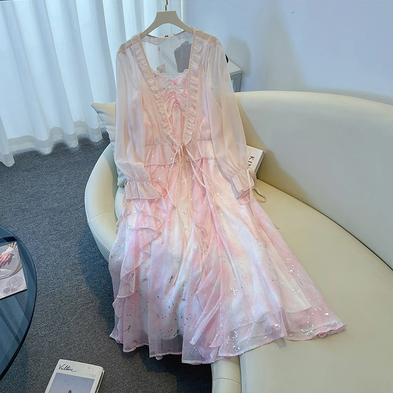 晚宴场合加宽加大女装胖mm小清新绝美亮片吊带裙防晒披肩套装新款