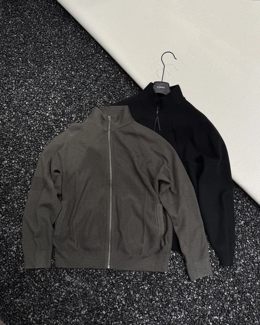 秋冬合身立领男士拉链开衫外套毛衣拼接长袖针织羊毛衫