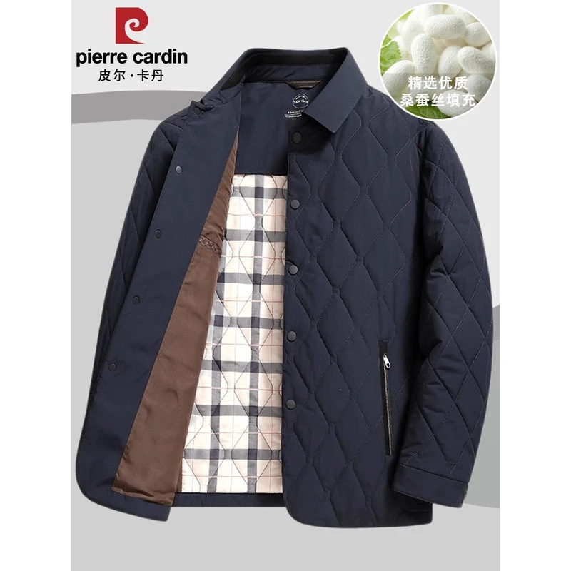 皮埃尔·卡丹桑蚕丝棉外衣秋冬男新款中年菱形格子轻棉外衣休闲爸