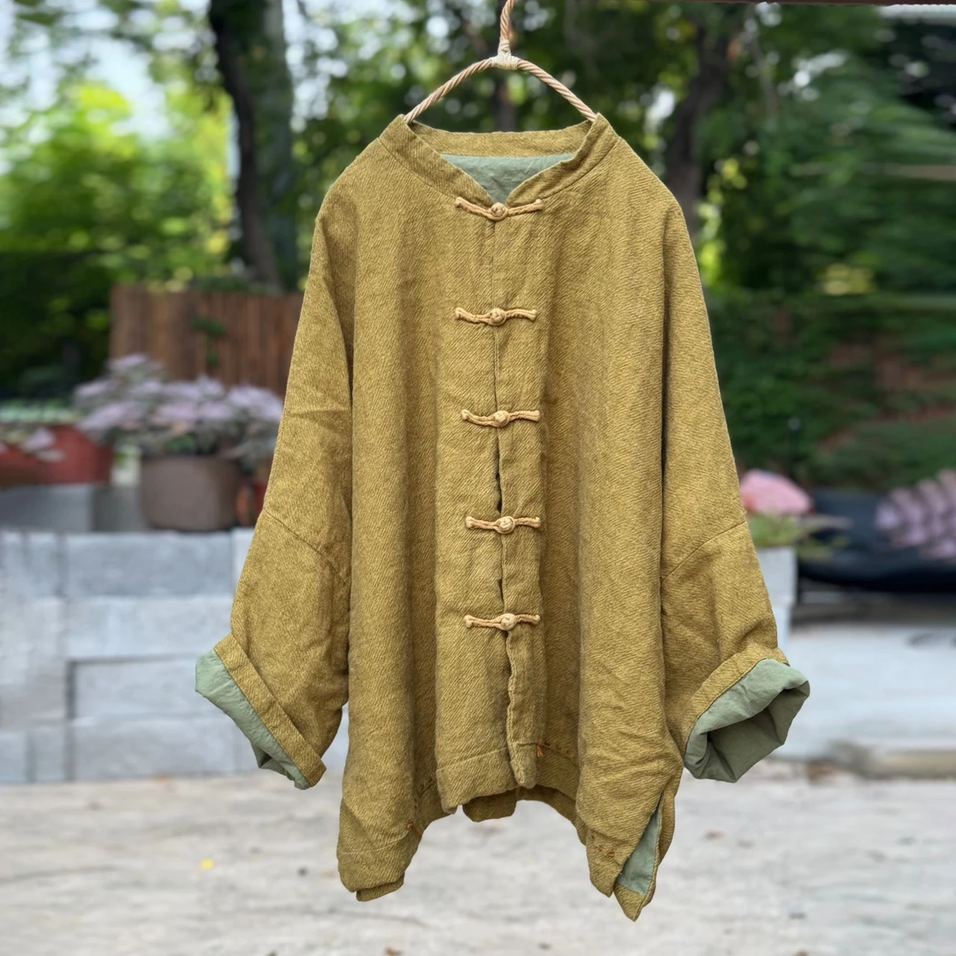 4448色织亚麻宽松型夹里布双层厚款外套国风纯手工缝制盘扣上衣