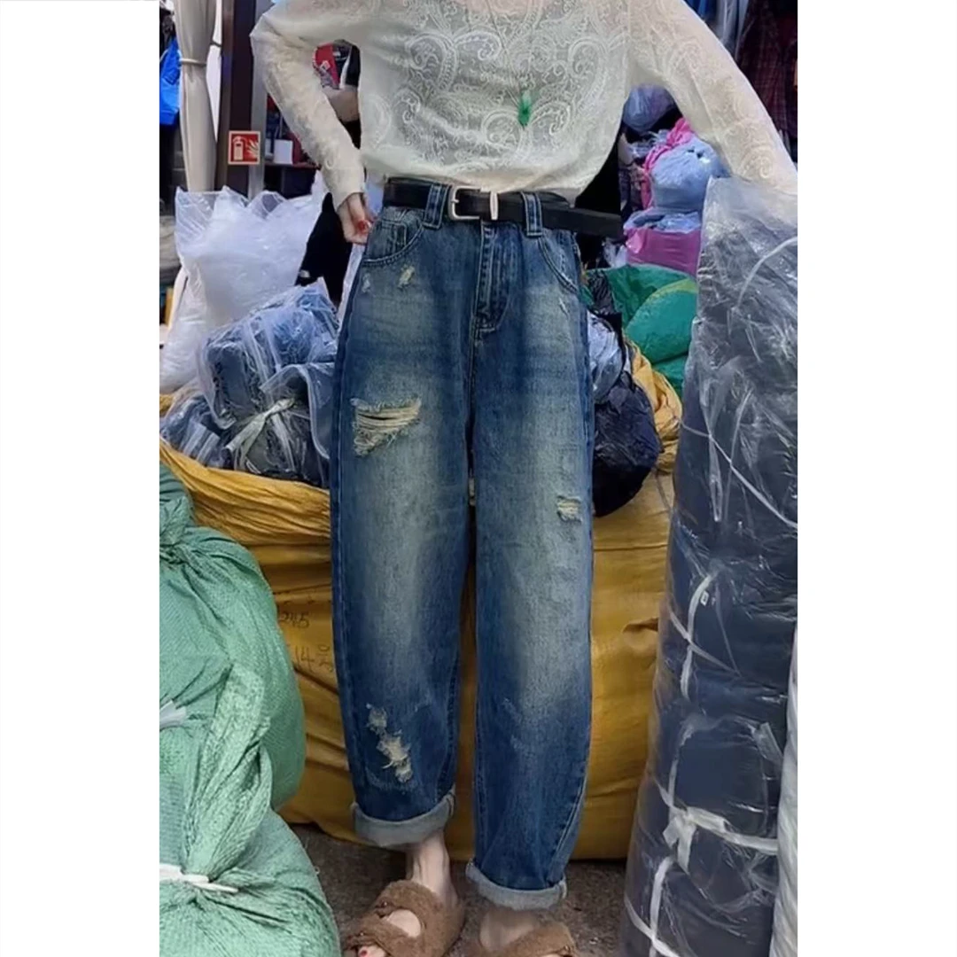 百搭设计感假破洞牛仔裤女秋季新款梨形身材显瘦宽松复古阔腿裤