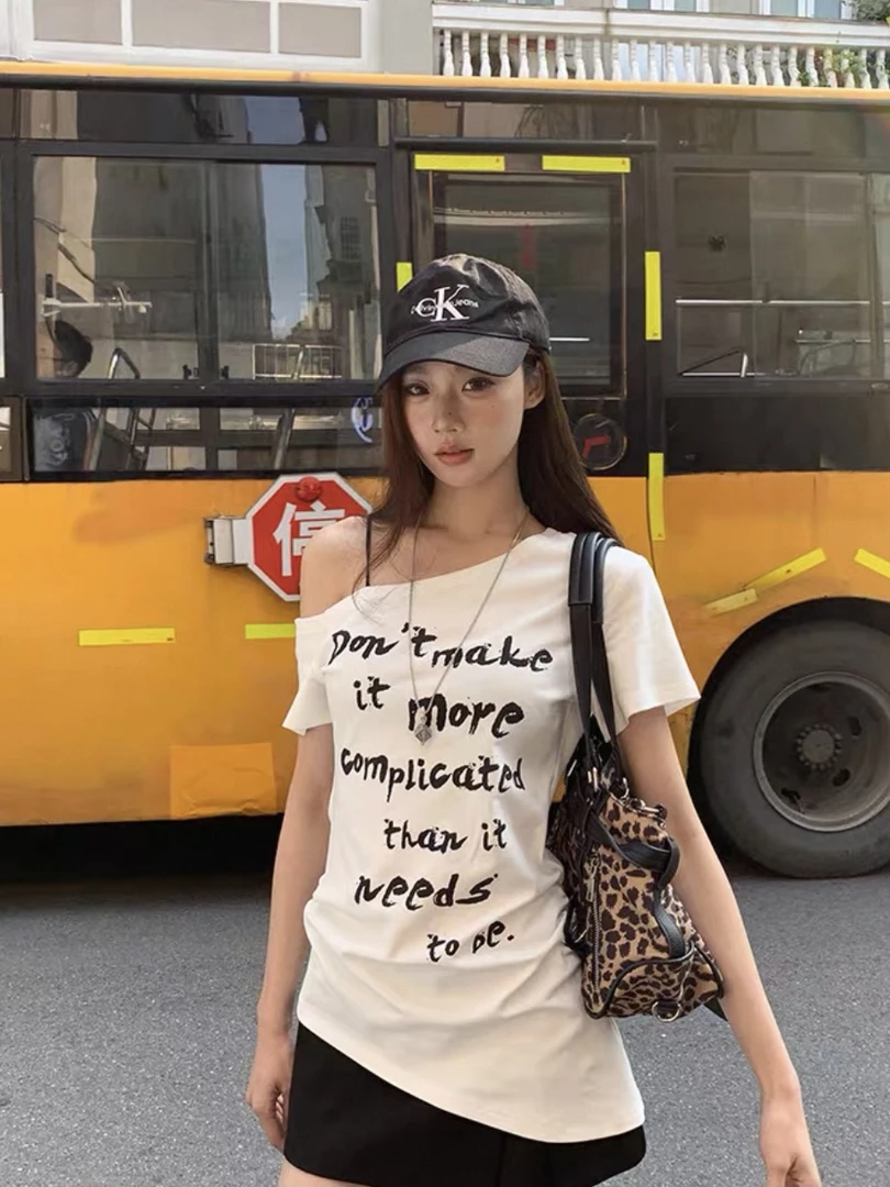 夏季2025新款修身显瘦时尚百搭短袖气质复古印花T恤不规则上衣女