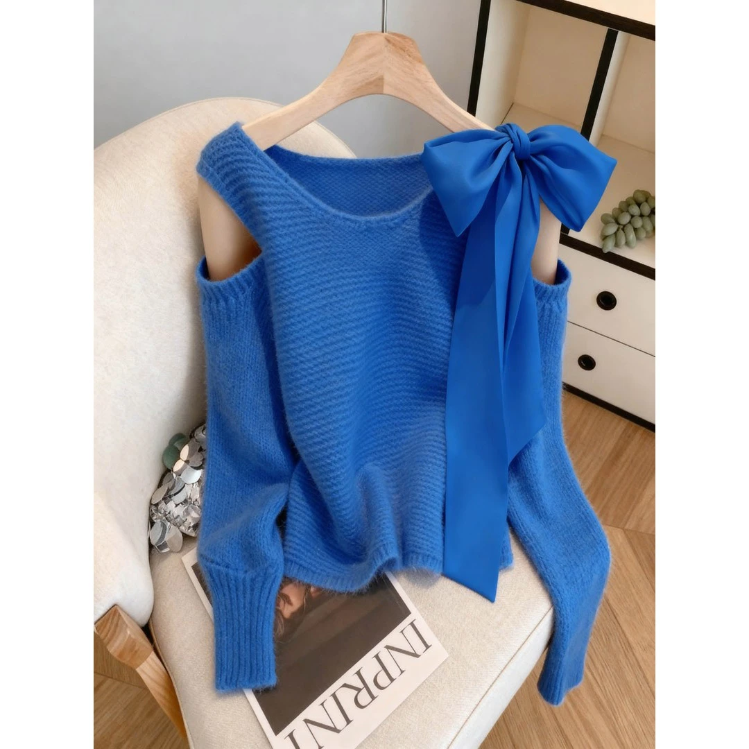 法式系带蝴蝶结温柔风毛针织衫女2025秋冬季新款甜美减龄露肩毛衣