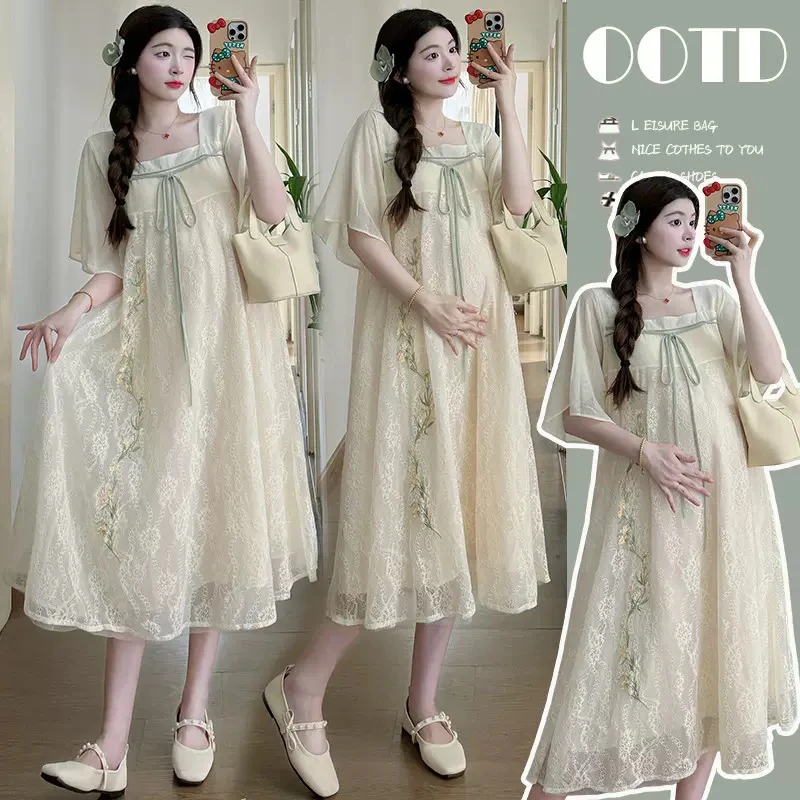 【真LOVE】孕妇装夏季新款刺绣改良汉服风格宽松舒适大码孕妇连衣裙