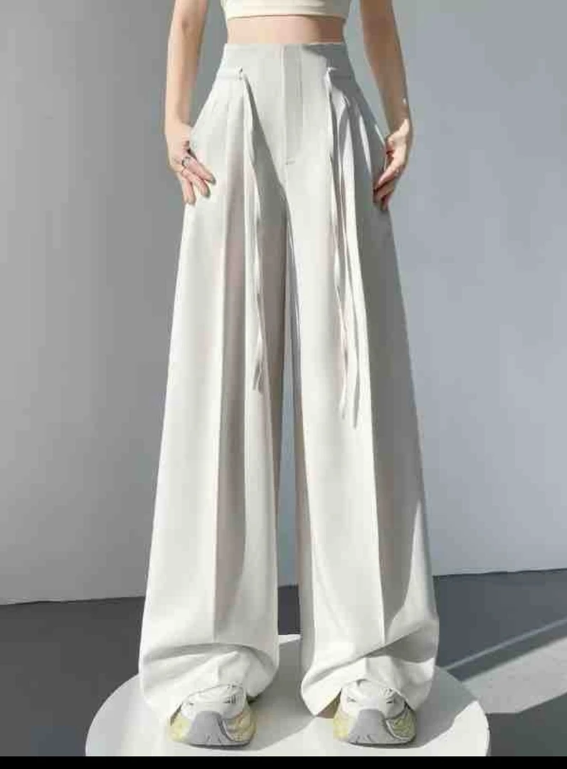 6610纯色抽绳西装裤女春夏季慵懒风拖地阔腿裤高腰直筒休闲长裤潮