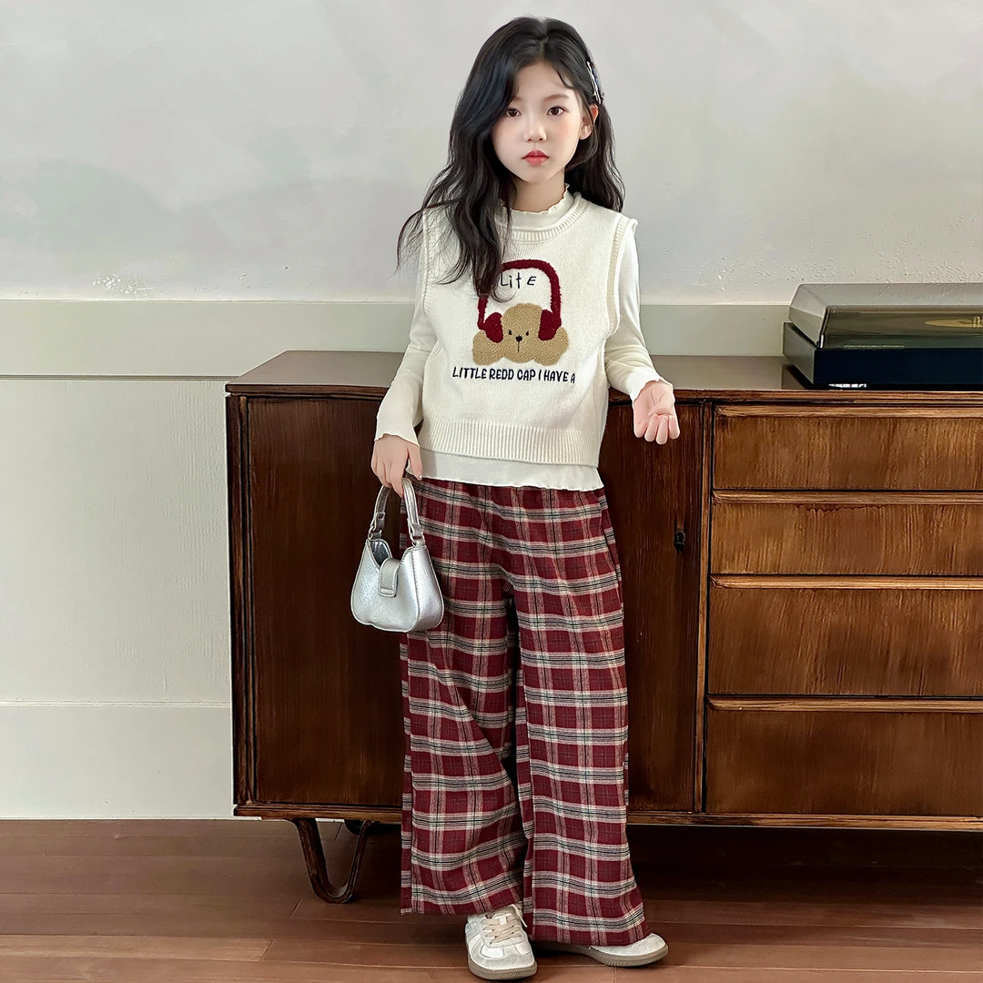 女童洋气套装秋2025新款洋气中大儿童春秋款背心打底衫裤子三件套