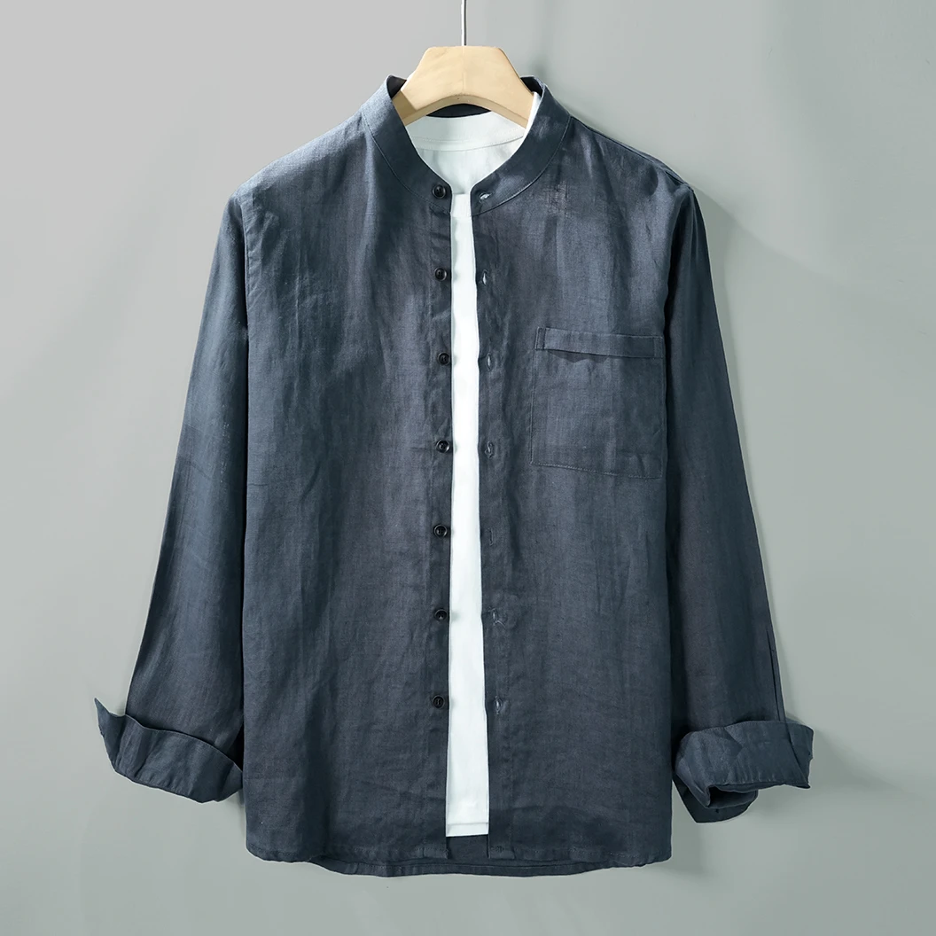 春夏天纯亚麻高端色织布男士长袖衬衫麻布男装轻奢100%全麻料衬衣