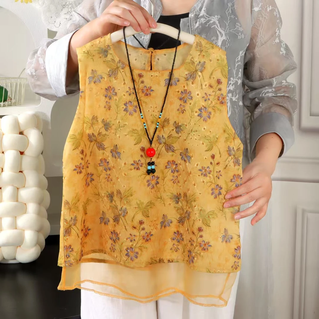 2025新款女童夏季圆领A类中国风碎花新中式上衣纯色薄款