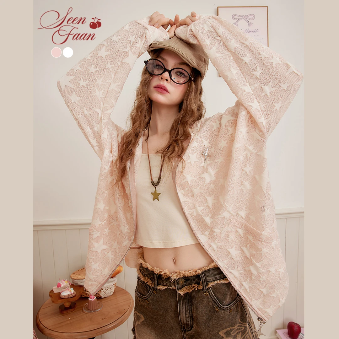 SEENFAAN盛放2025年春季新款蕾丝透气印花外套女连帽肌理感宽松