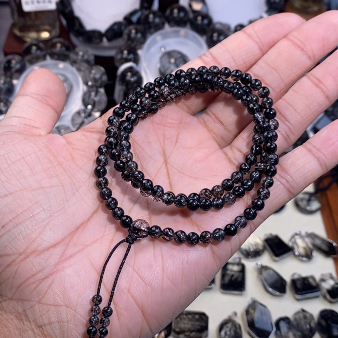 水晶未镶嵌手链黑发晶4mm三圈设计款全透体满发蕾丝