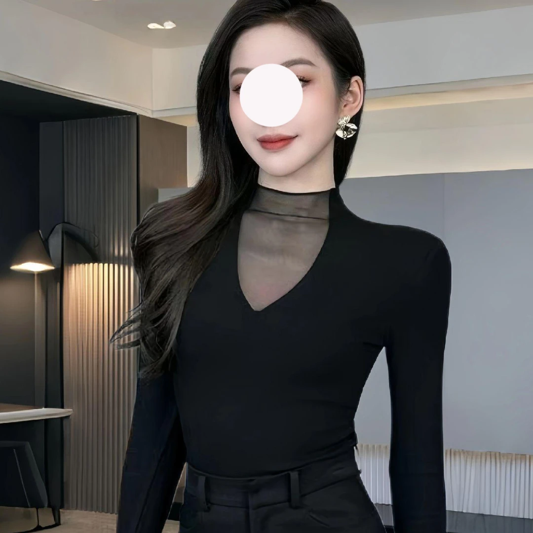 春季美式辣妹风深V领网纱打底衫高级感内搭修身收腰上衣