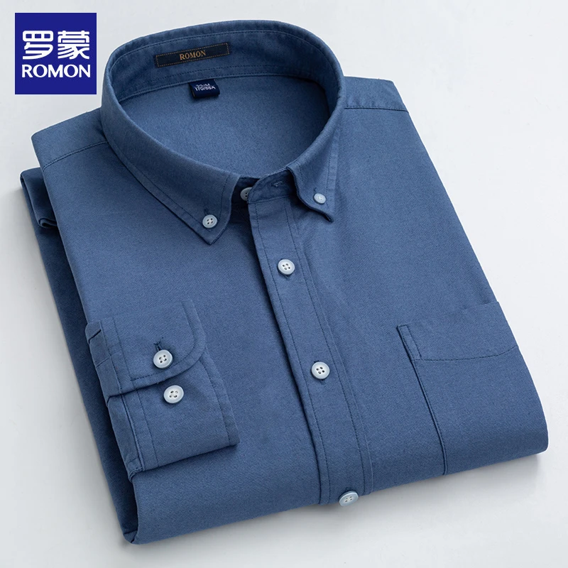 罗蒙男士商务长袖衬衫纯棉上档次春秋高端爸爸装轻奢蓝色休闲衬衣