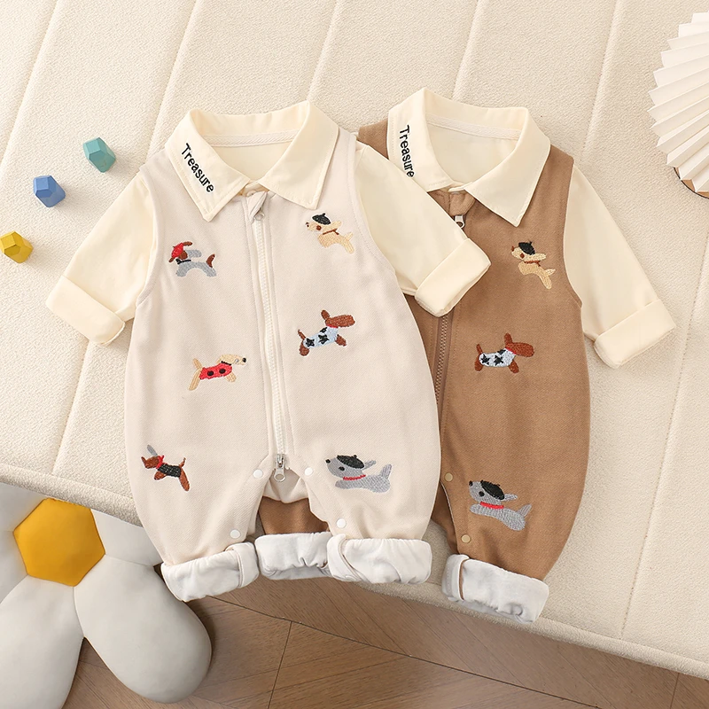 春秋洋气新生儿连体衣男女宝宝哈衣爬服宝宝卡通小狗背带裤