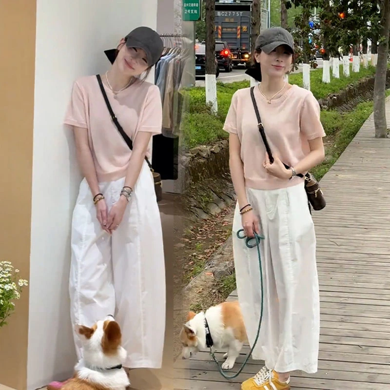 夏装时尚减龄温柔风韩版小清新休闲显瘦针织衫阔腿裤两件套装