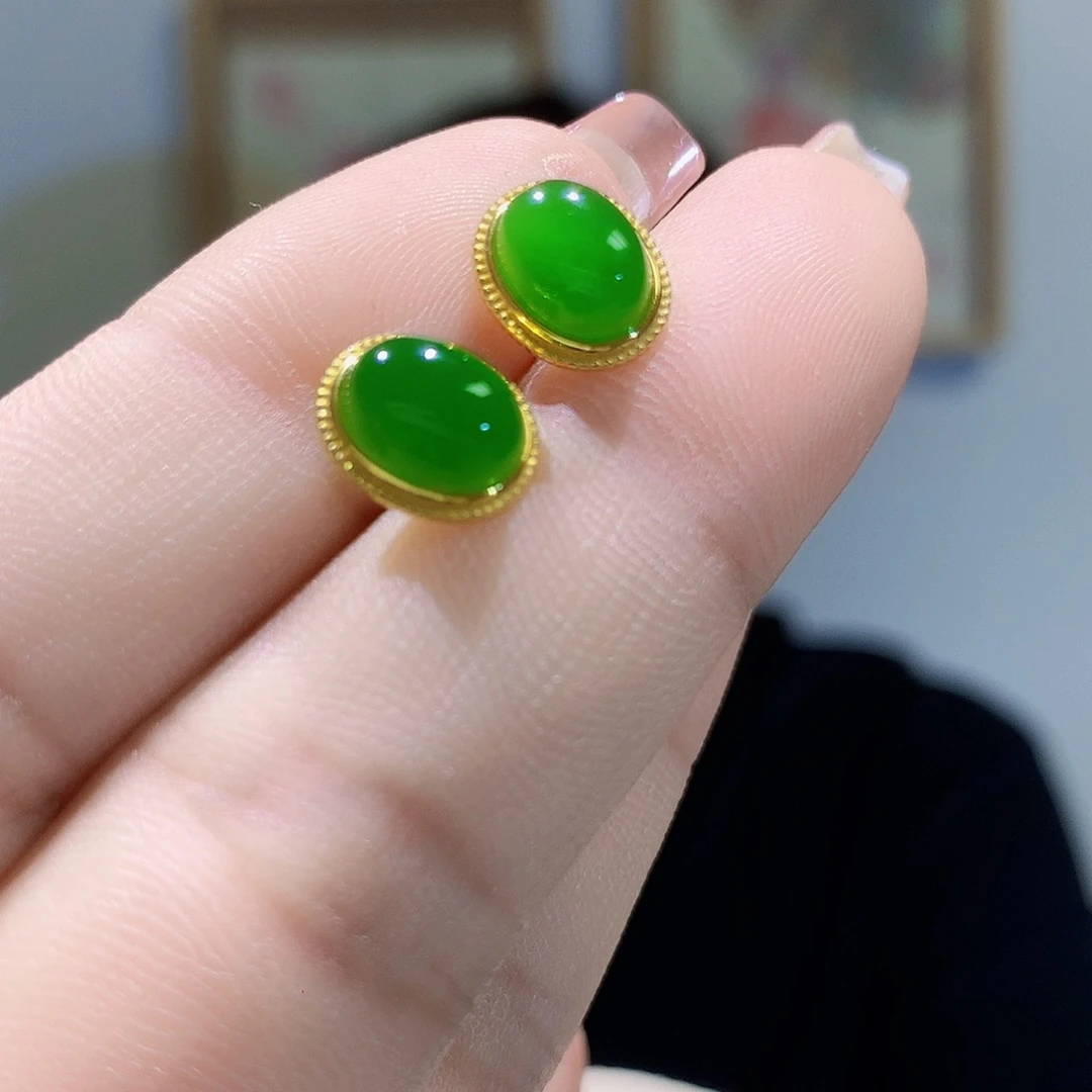 和田玉（碧玉）银S925镀金镶嵌耳饰