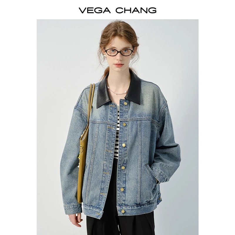 VEGA CHANG牛仔外套女2025年春秋新款复古时尚宽松拼接牛仔上衣