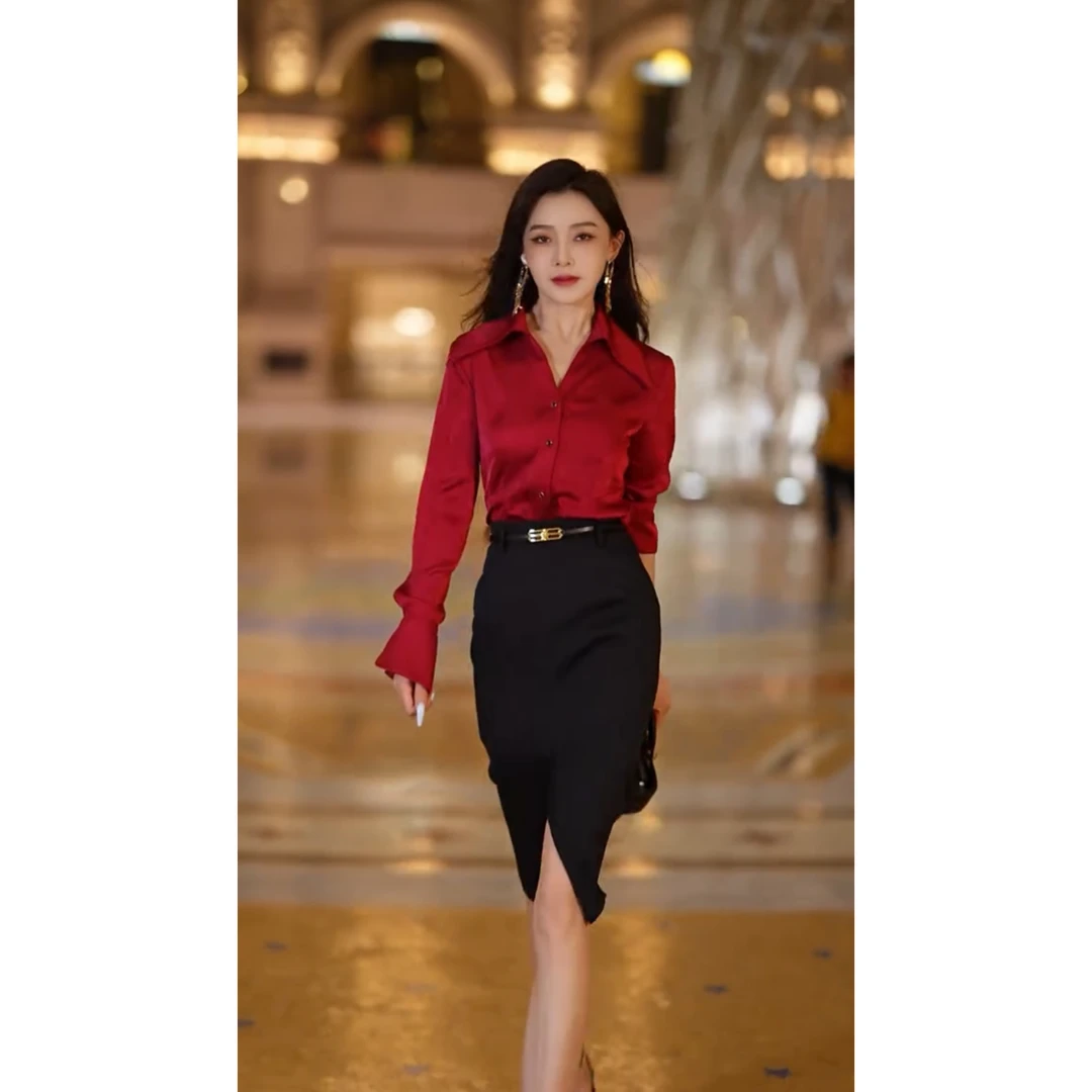 春季新款修身气质显瘦长袖衬衫开叉包臀裙腰带法式两件套
