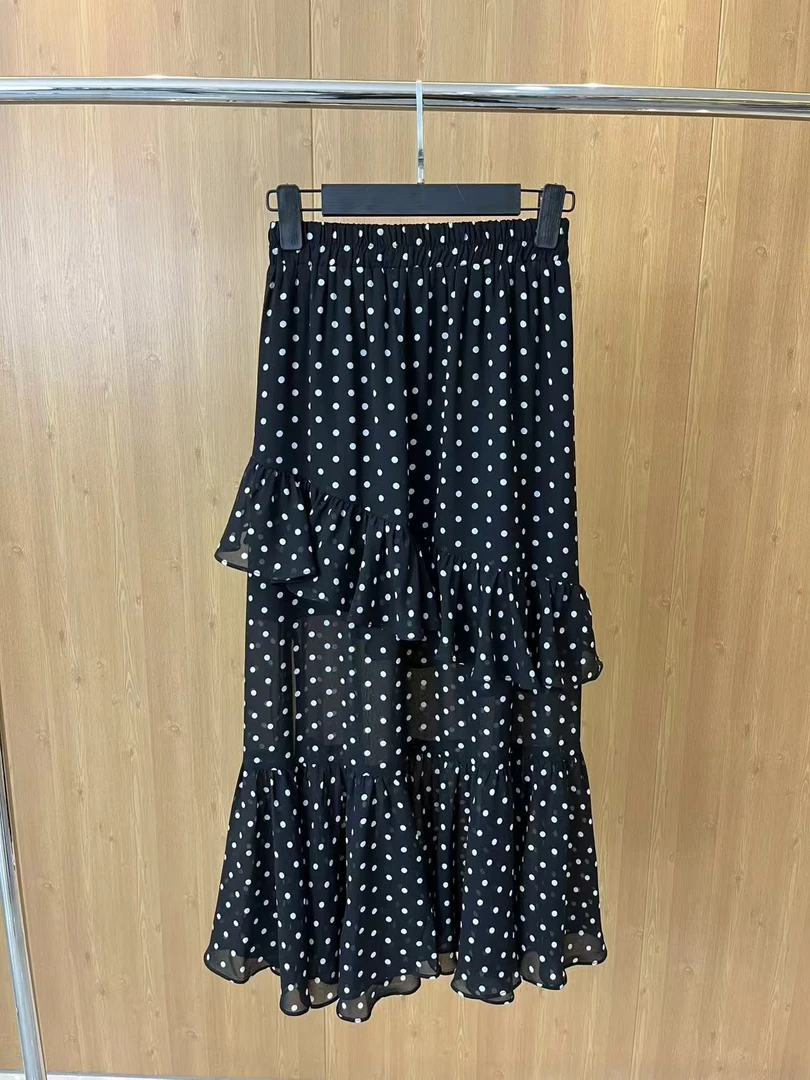 【MU】半身裙短裙时尚百搭黑色半裙荷叶边波点KZ013